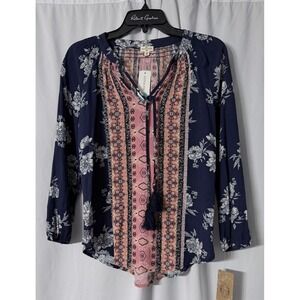NWT Mason & Belle Womens Long Sleeve Caseey Tassel Top Blouse Shirt Size XS